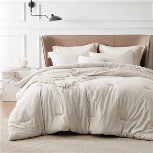 3 pc Comforter Set Beige Comforter Queen/King Soft Bedding with 2 Pillow Shams